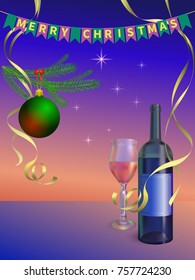New Year celebration illustration. Vector wine glass with bottle