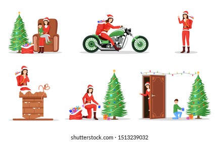 New Year celebration illustrations set. Woman giving presents in Santa Claus costume flat character. Winter holidays items, festive mood, Xmas gift delivery isolated on white background