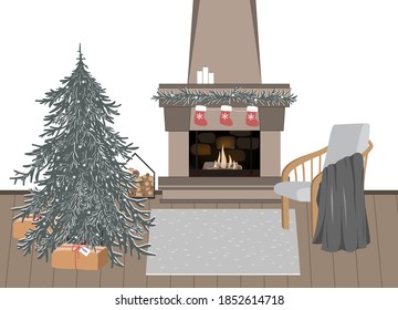 New Year celebration interior, vector illustration. Christmas festive atmosphere. Home coziness, Scandinavian Xmas, winter holidays hygge. Christmas tree and fireplace in room.