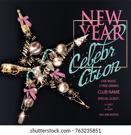 New year celebration invitation card with christmas deco objects and frame. Vector illustration