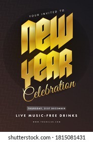 New Year Celebration Invitation, Flyer Design with Event Details on Brown Zig Zag Pattern Background.