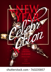 New year celebration invitation red card with christmas deco objects and frame. Vector illustration