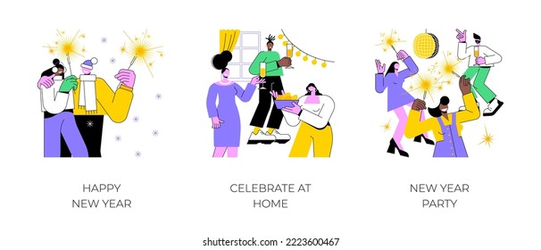 New Year celebration isolated cartoon vector illustrations set. Happy young couple holding sparklers and smiling, group of diverse friends having party at home, countdown tradition vector cartoon.