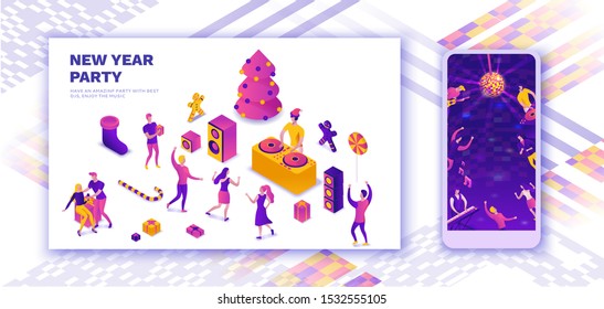 New year celebration landing page, design kit, social media stories vector, christmas giveaway template, happy office people, party background, bash, holiday poster, mobile story wallpaper layout