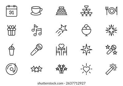 New Year and Celebration outline Icon Set. A festive collection of vibrant icons designed to enhance celebrations, perfect for party invitations, event promotions, and holiday-themed projects.