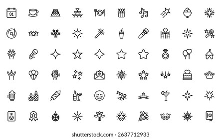 New Year and Celebration outline Icon Set. A festive collection of vibrant icons designed to enhance celebrations, perfect for party invitations, event promotions, and holiday-themed projects.