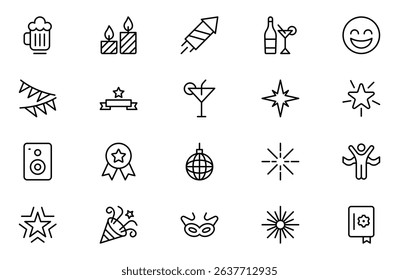 New Year and Celebration outline Icon Set. A festive collection of vibrant icons designed to enhance celebrations, perfect for party invitations, event promotions, and holiday-themed projects.