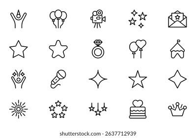 New Year and Celebration outline Icon Set. A festive collection of vibrant icons designed to enhance celebrations, perfect for party invitations, event promotions, and holiday-themed projects.