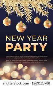 New year celebration party banner with golden Christmas tree, balls and bokeh lights. Vector illustration. Background for flyers, invitations, web or apps