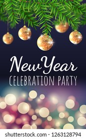 New year celebration party banner with Christmas tree, golden balls and bokeh lights. Vector illustration. Background for flyers, invitations, web or apps