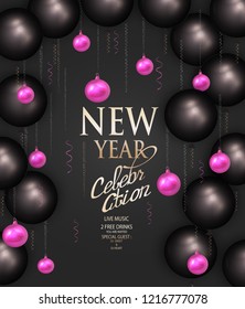 New year celebration party poster with  deco elements. Vector illustration