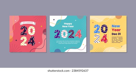 Colección de posts de celebración de Año Nuevo para publicación de medios sociales, tarjeta de saludo o cartel de venta promocional