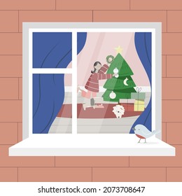 New Year celebration preparation vector illustration. View from outside. Christmas festive atmosphere. Home coziness, young smiling woman decorating christmas tree. Winter holidays attributes.