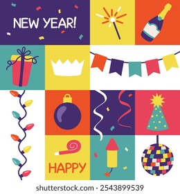 Patrón sin fisuras de la celebración del Año Nuevo. Fondo geométrico del partido de la víspera del año Nuevo en estilo plano de la historieta