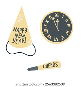 New Year celebration set with festive party hat, clock showing midnight, and cheerful noisemaker labeled Cheers in minimalist style. Vector hand drawn drawing isolated on white background