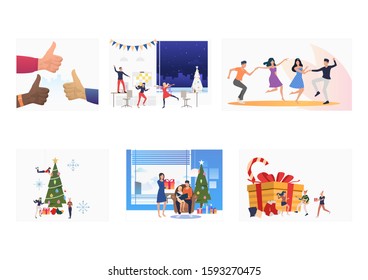 New Year celebration set. Friends, family, colleagues dancing at gift, giving gifts at Christmas tree. Flat vector illustrations. Holiday, party concept for banner, website design or landing web page