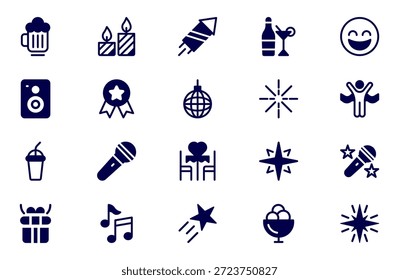 Nuevo año y celebración Solid Icon Set. Una colección festiva de íconos vibrantes diseñados para realzar las celebraciones, perfectos para invitaciones de fiestas, promociones de eventos y proyectos con temática navideña.