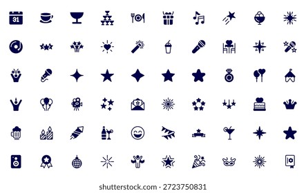 New Year and Celebration Solid Icon Set. A festive collection of vibrant icons designed to enhance celebrations, perfect for party invitations, event promotions, and holiday-themed projects.