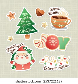 Pegatinas de la celebración del año Nuevo en el fondo texturizado, taza de café, árbol de Navidad, Santa, luces, estrellas, dulces, Ilustración vectorial