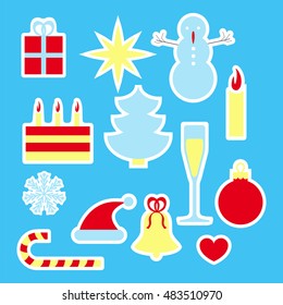 New year celebration stickers set. Vector illustration of fur winter tree, snowman, champagne ,calendar, candle, glass, bell, cake, present gift box, heart, hat, snowflake and sweet lollipop stick