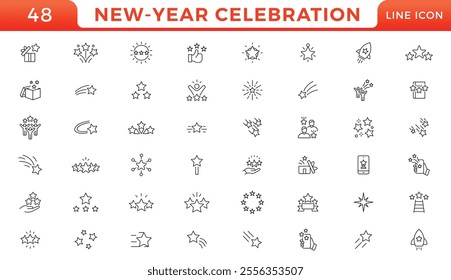 New year celebration symbol. Happy new year line icon set collection