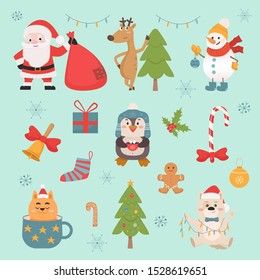 New Year celebration symbols and animals vector illustrations set. Traditional Christmas characters, Santa Claus with deer. Cute cat, dog and penguin in winter hats isolated on blue background