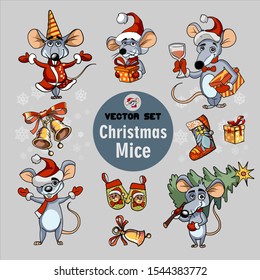 New Year celebration symbols and animals vector illustrations set. Christmas characters, Santa Claus ,Rats, Mice, bell, gifts,flashlights isolate on gray background