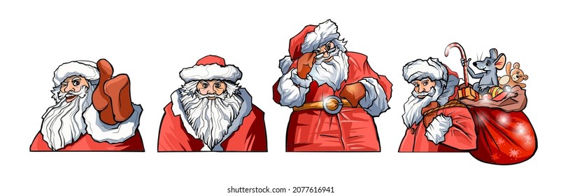 New Year celebration symbols vector illustrations set. Christmas characters, Santa Claus isolate on gray background