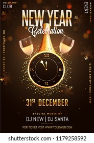 New year celebration template design with wall clock, champagne bottle and glass on blurred brown background.