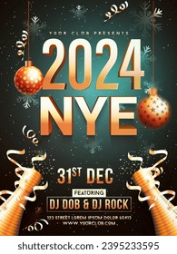 New Year celebration template or flyer design with 3D text 2024 and decorative bauble, confetti time and venue details.