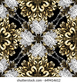 New Year celebration vector golden pattern with golden elements. Winter snow texture wallpaper. Golden snowflakes on black background. Christmas seamless pattern.