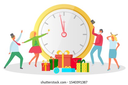 New year celebration vector, isolated character wearing hats with mistletoe. Man and woman dancing celebrating winter holidays. Clock and presents in boxes decorated with ribbons and bows flat style
