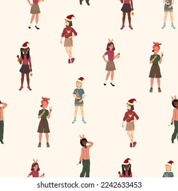 New Year celebration. Vector seamless pattern. Girls have fun, decorate the Christmas tree, give gifts