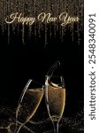 New year celebration wallpaper background design template in lettering typography style. Scene minimalist with champagne, glitter and text. Design texture ideal for poster, banner, backround and more.