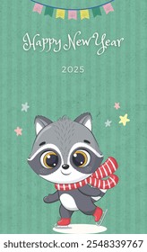 New year celebration wallpaper background design template in lettering typography style. Scene minimalist with a cartoon raccoon wearing scarf and text. ideal for poster, banner, background and more