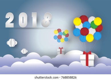 New Year celebrations It consists of colorful balloons, gifts and clouds, made to look like paper art.
