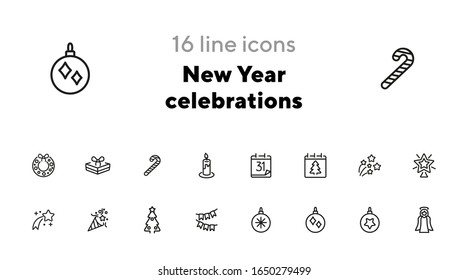 New Year celebrations line icon set. Set of line icons on white background. Calendar date, ball, star. Festival concept. Vector illustration can be used for topics like greeting, celebration
