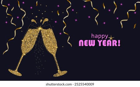 New year celebratory toast with champagne, glitter, shining stars, streamers, in golden and pink colors on a dark blue background