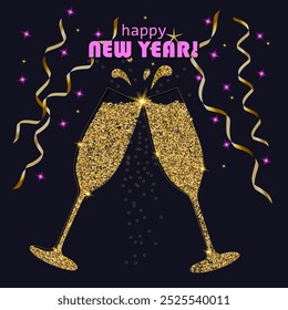 New year celebratory toast with champagne, glitter, shining stars, streamers, in golden and pink colors on a dark blue background