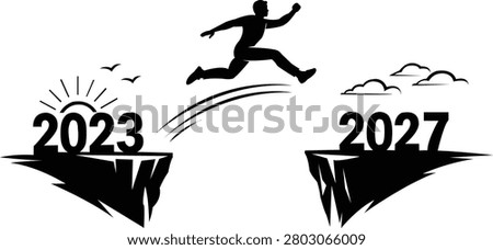 New year challenge concept featuring human silhouette jumping over a gap between year numbers