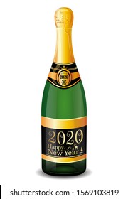 New Year Champagne 2020. Bottle of champagne with a congratulatory inscription. Closed bottle of champagne. Vector illustration isolated on white background