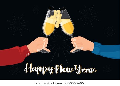 New Year champagne toast with four glasses, Vector