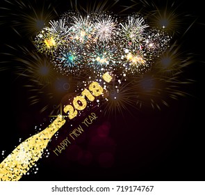 New year champagne toast golden 2018 background fireworks lights effects