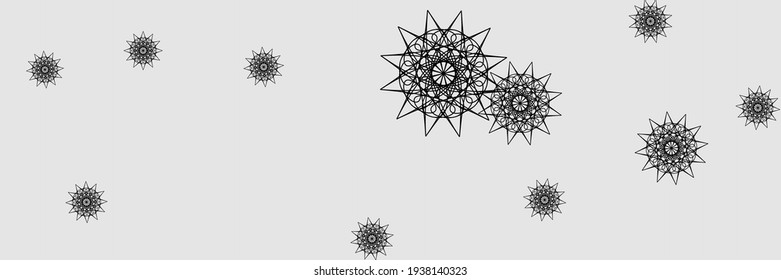 New Year Chaotic Silver Holiday Grey Sky Background. Print Black Ornamental Dark Snow Pattern. Christmas Horizontal Santa Christmas Composition. Snowflakes Night Winter Stars Mandala Illustration.