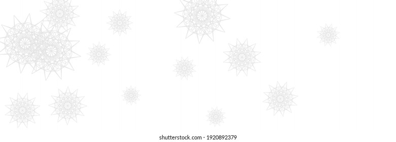 New Year Chaotic Snowflakes Frost Ornamental Sky Background. Monochrome Ice Silver Christmas Mandala Design Pic. White Horizontal Stars Holiday Snow Ornament. Winter Santa Print Grey Wallpaper.