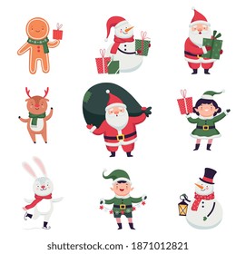 New Year Characters with Santa Claus, Elf and Snowman Vector Set