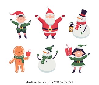 New Year Characters with Santa Claus, Elf, Gingerbread Man and Snowman Vector Set