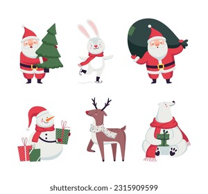 New Year Characters with Santa Claus, Bunny, Reindeer, Snowman and Polar Bear Vector Set