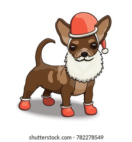 New Year Chihuahua Smiling Cartoon Character Illustration Wearing Santa's Costume With Beard