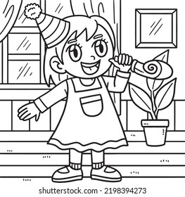 New Year Child Blowing Horn Coloring Page for Kids